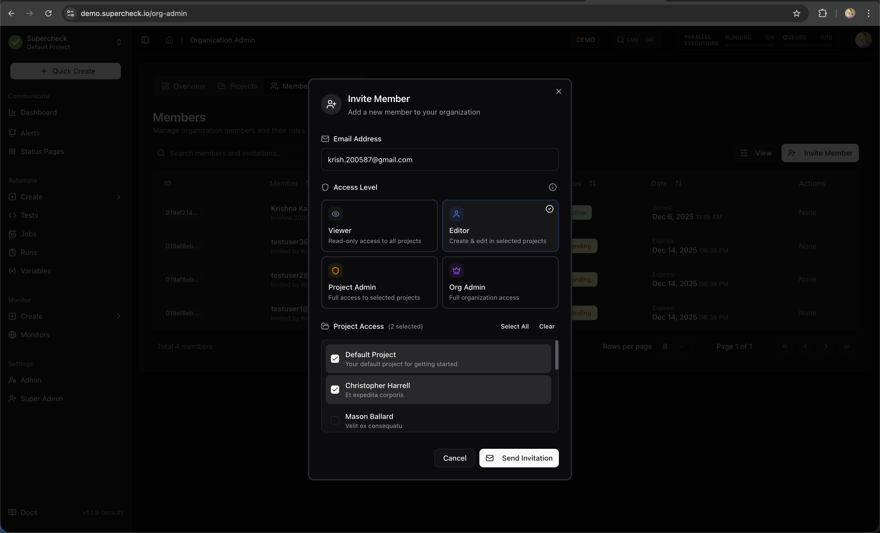 Invite Member Dialog