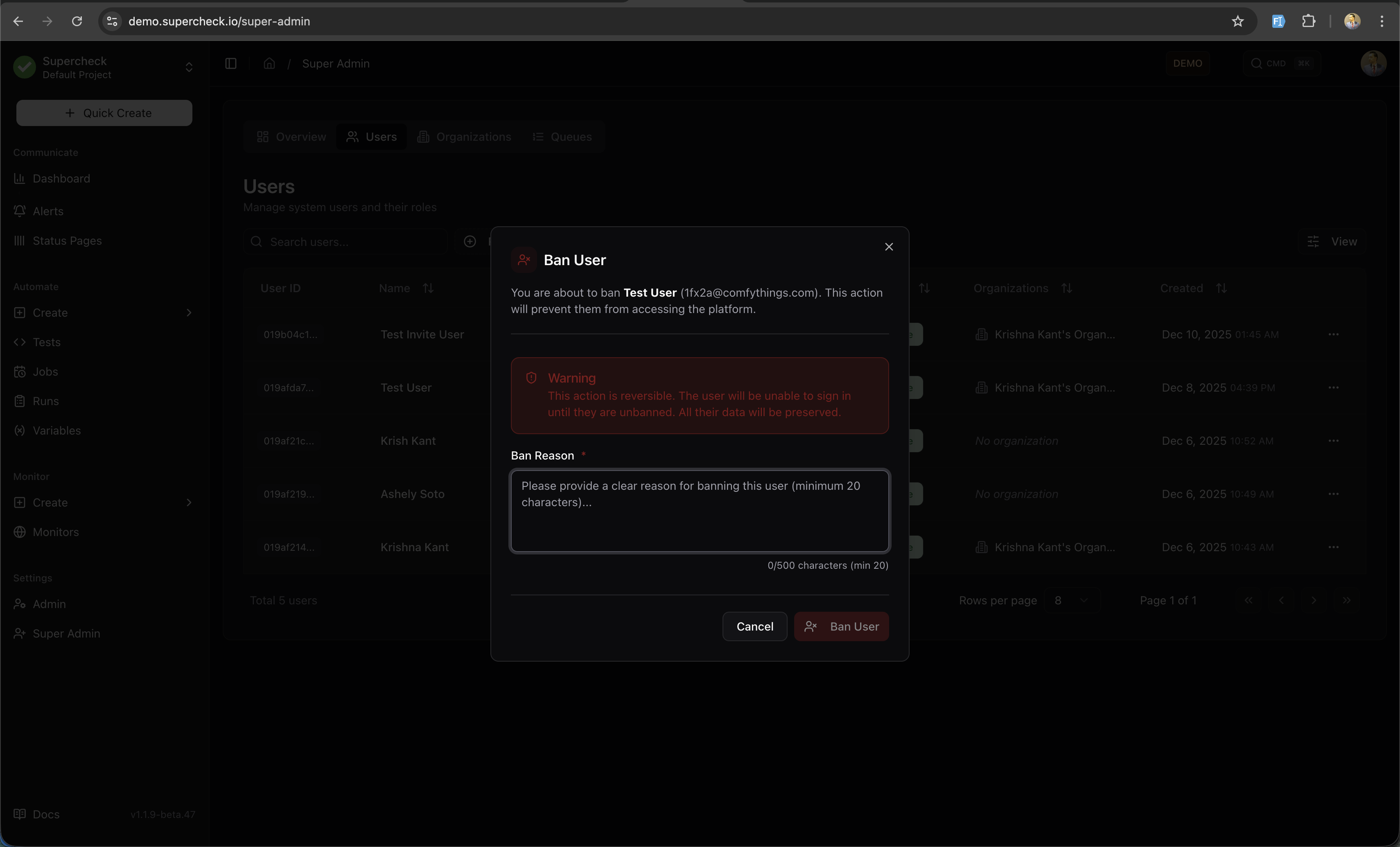 Ban User Dialog