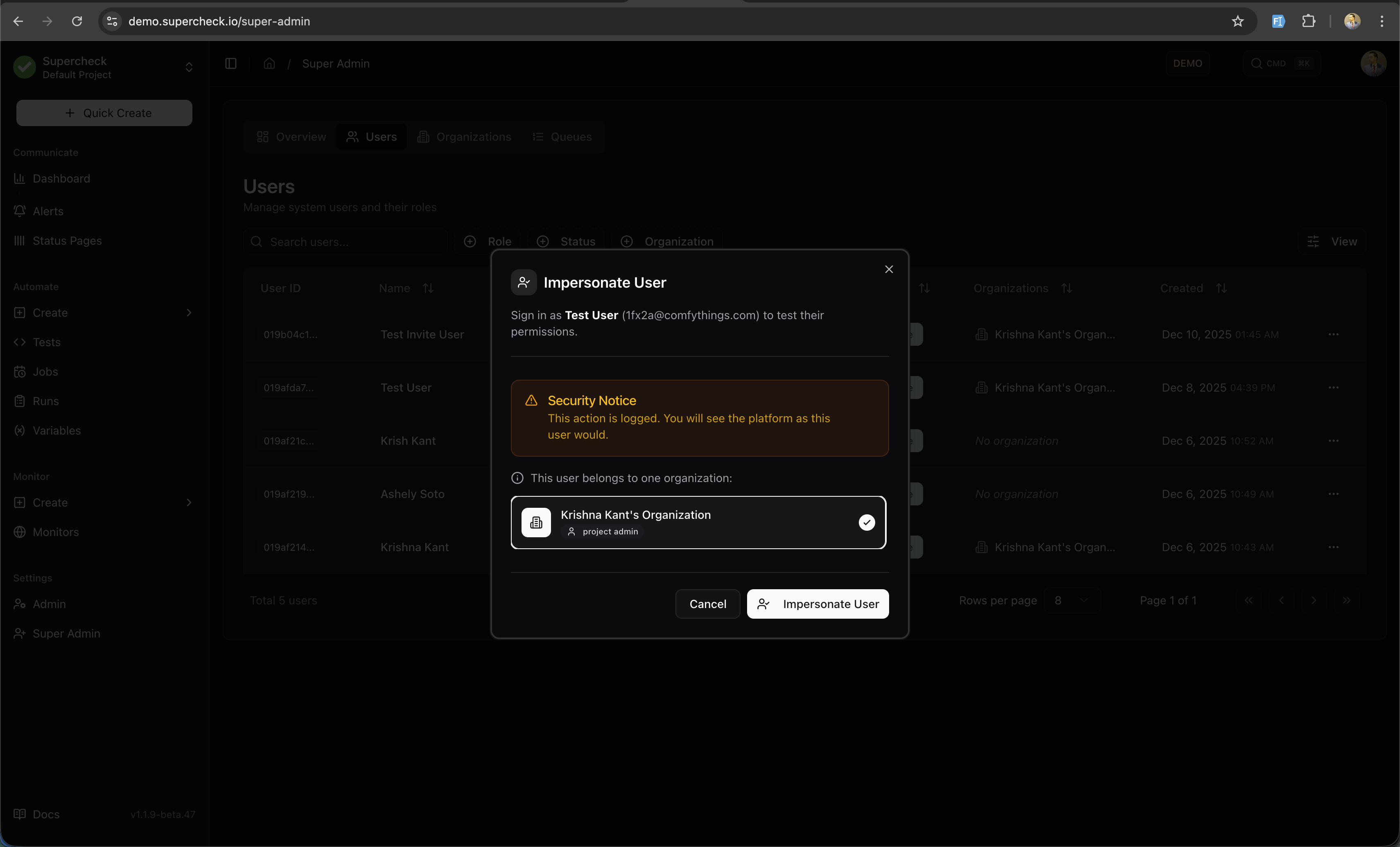 Impersonate User Dialog