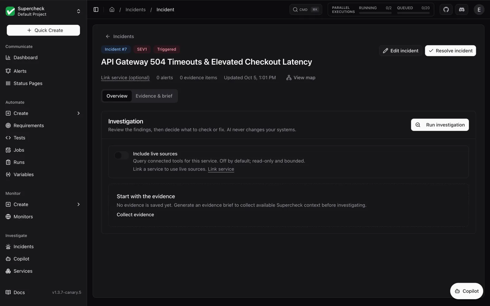 Incident workspace for an API gateway incident
