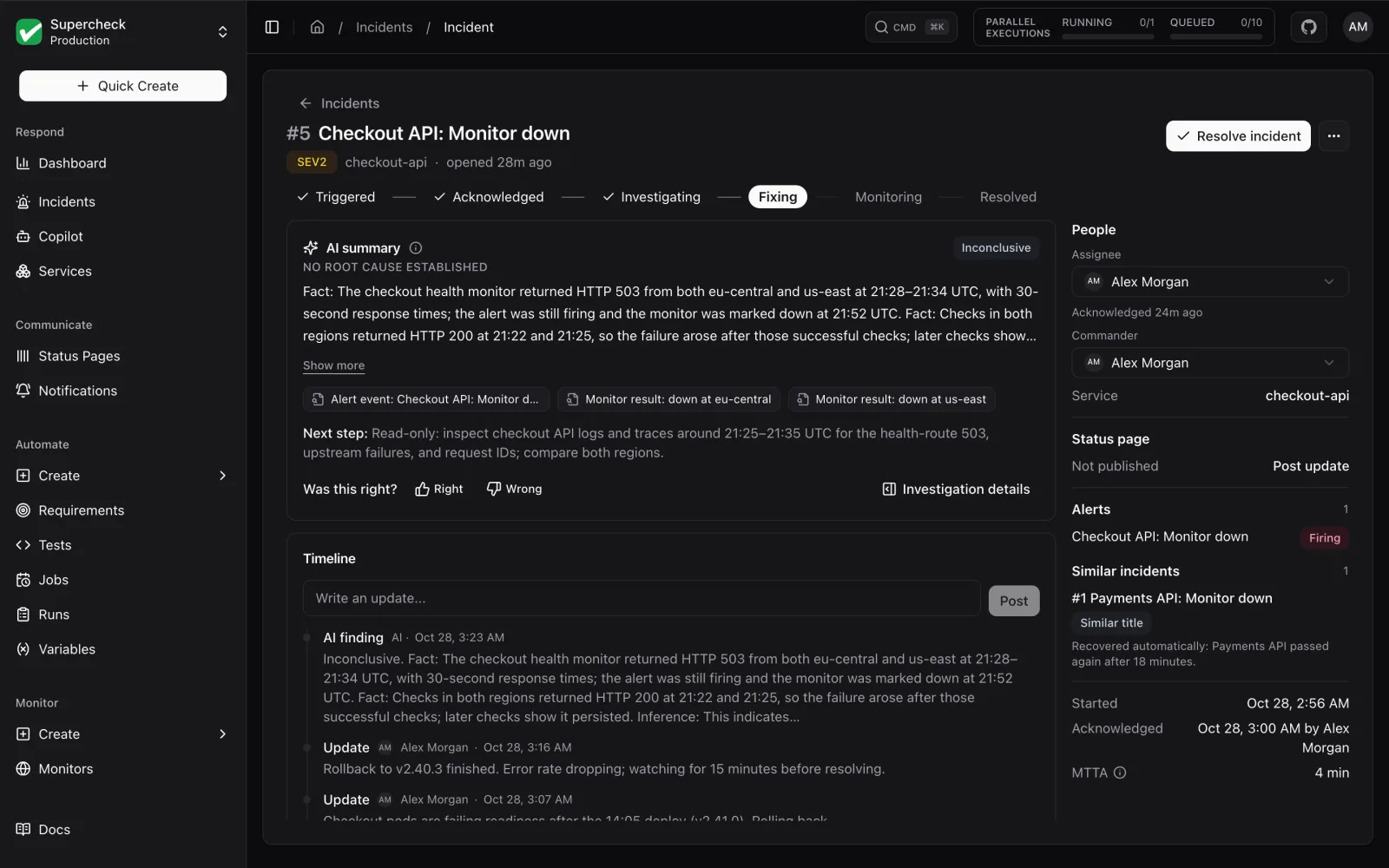 Incident workspace for a Checkout API outage with an AI summary