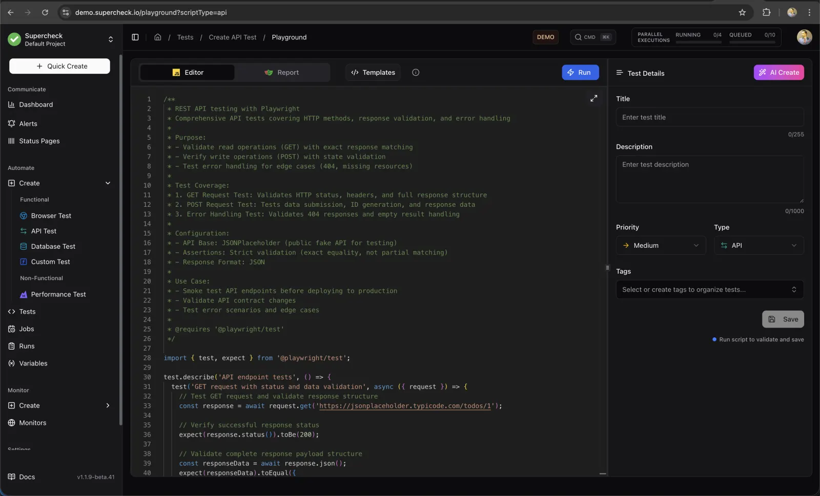 Playground editor with a Playwright API test