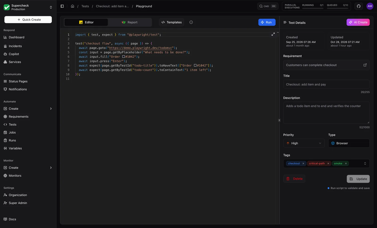 Playground editor with a Playwright checkout test