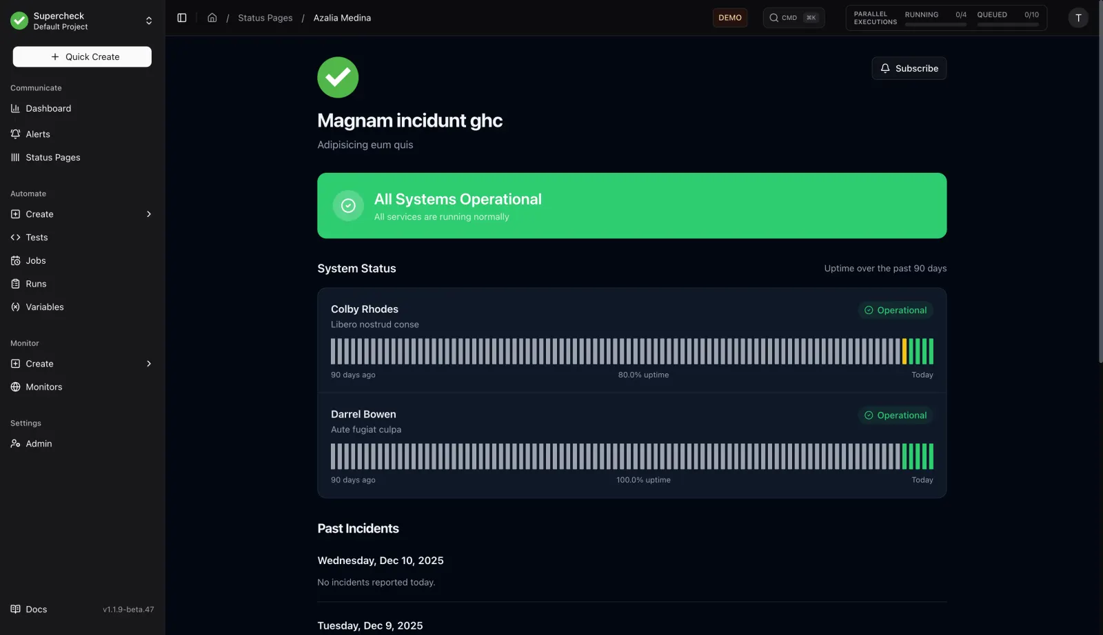 Public status page showing all systems operational